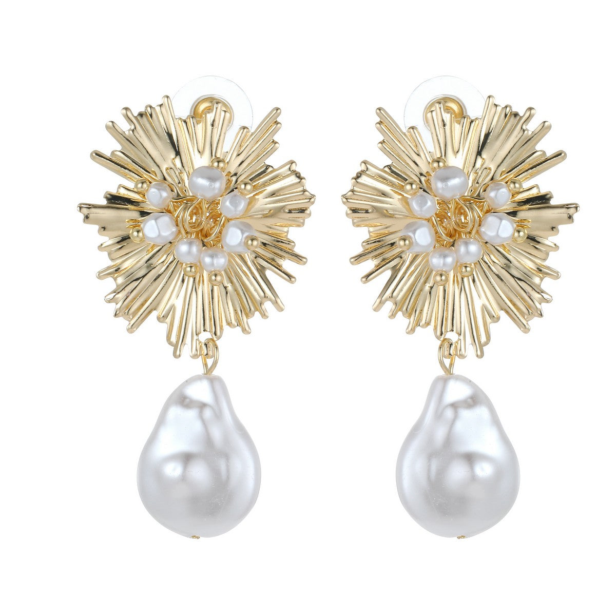 Gold Flower Earrings with Tear-Drop Pearl YT22810YGD