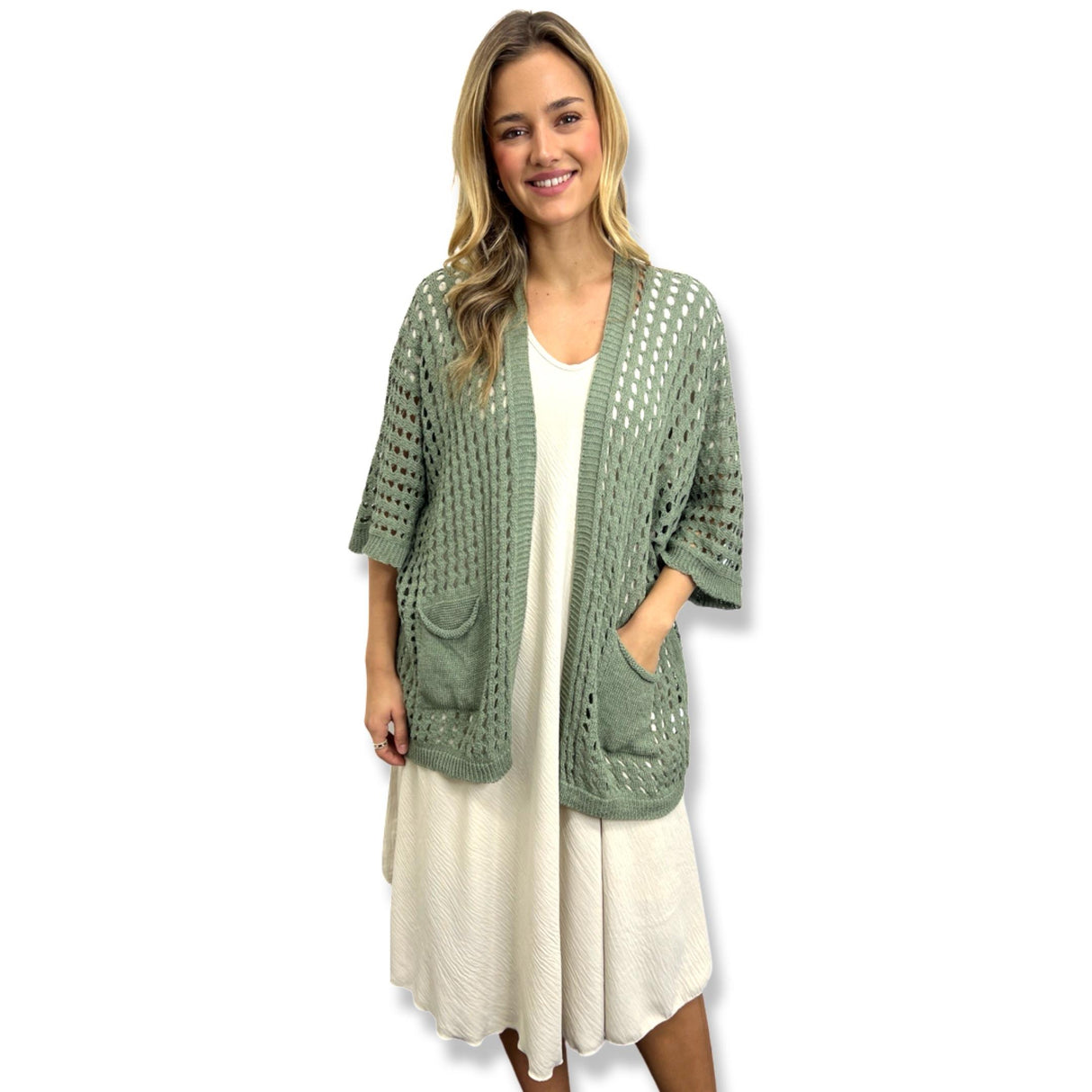CROCHET CARDIGAN OVER HIP WITH 2 FRONT POCKETS 100% COTTON