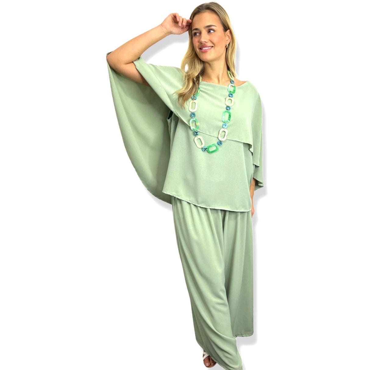 CAPE BUTTERFLY FLATTERING TOP WITH ELASTIC HIGH WAIST WIDE LEG PANTS CO-ORD SET LADIES SETS PLUS SIZE