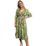 DAY DRESS DEEP-V SMOCKED MAXI DRESS BELL HALF SLEEVES ON OFF SHOULDERS ANIMAL PRINTS FLORAL PRINTS PLUS SIZE