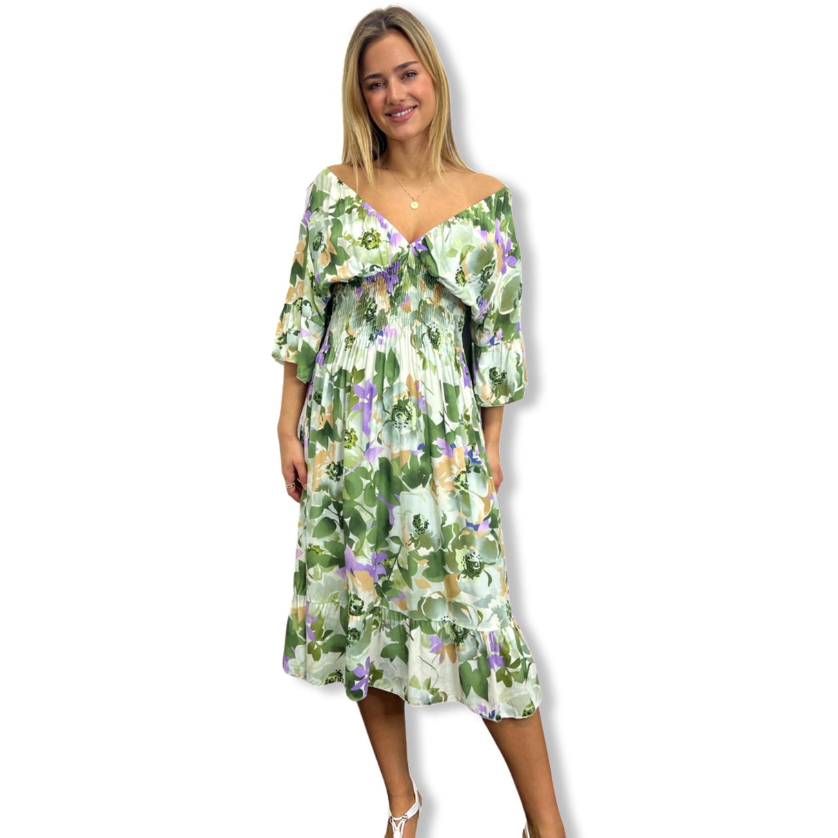 DAY DRESS DEEP-V SMOCKED MAXI DRESS BELL HALF SLEEVES ON OFF SHOULDERS ANIMAL PRINTS FLORAL PRINTS PLUS SIZE