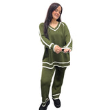 Cozy Knitted Set with Contrast Trim and Super Stretchy Straight Leg Pants - Onesize Fits All