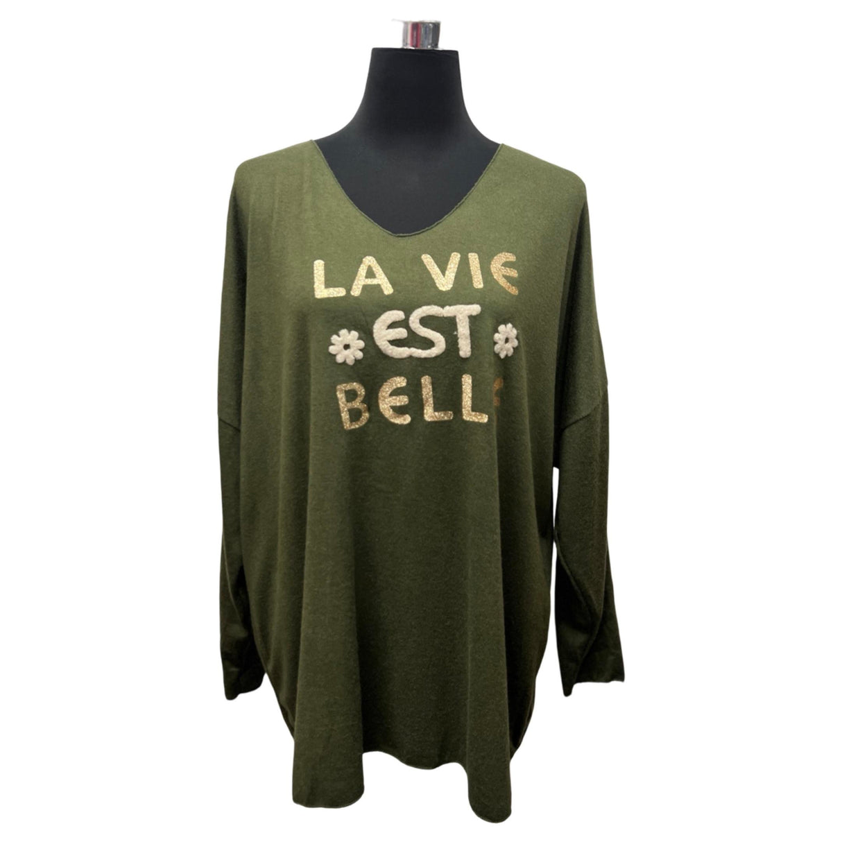 KNITTED TOP LA VIE SLOGAN BATWING SLEEVES COCOON SHAPE SUPER STRETCHY SOFT TOUCH KNITTED SWEATER