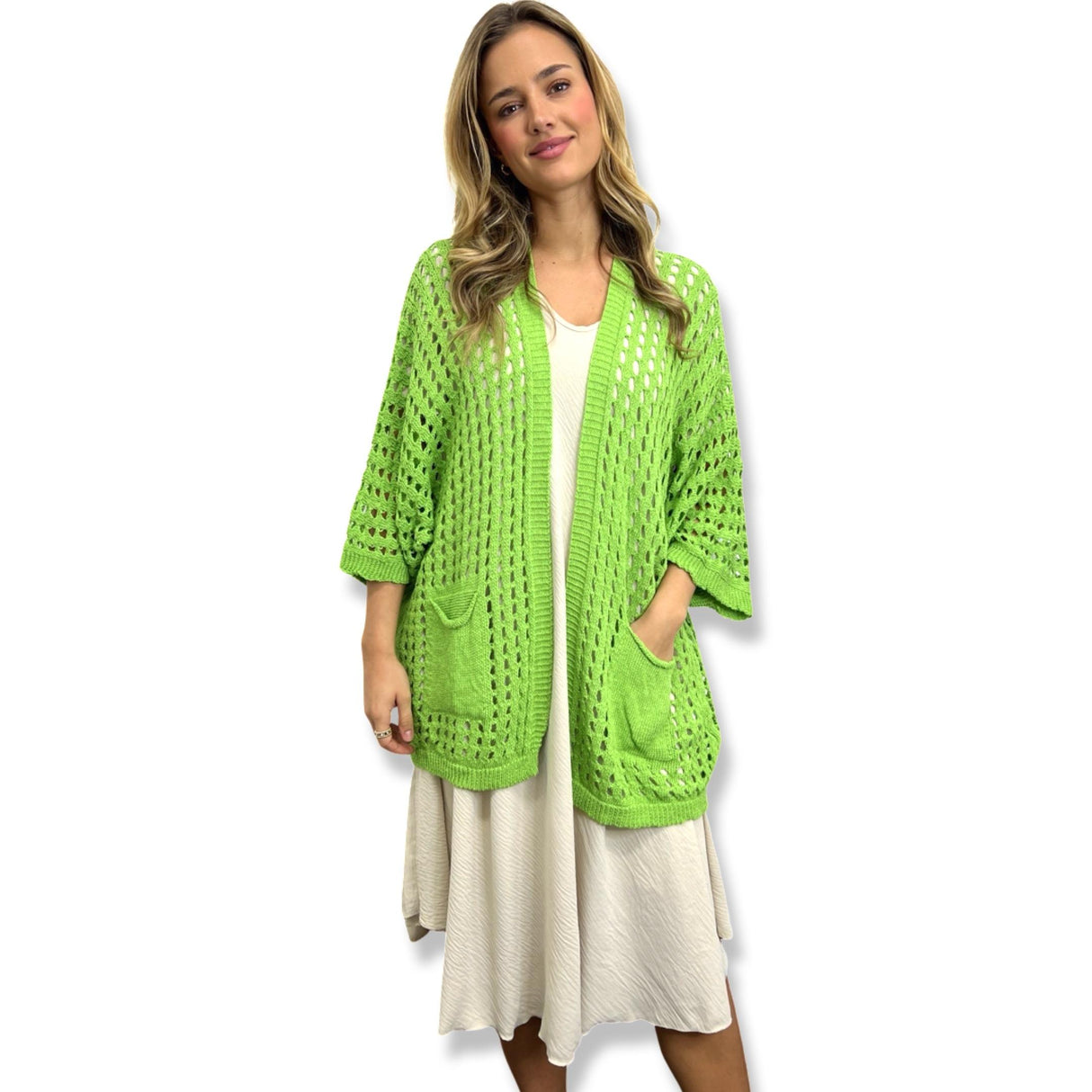 CROCHET CARDIGAN OVER HIP WITH 2 FRONT POCKETS 100% COTTON