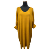 KNITTED MIDI DRESS LADISE BATWING COCOON SHAPE V-NECK FINE KNITTED TOP DRESS