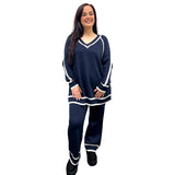 Cozy Knitted Set with Contrast Trim and Super Stretchy Straight Leg Pants - Onesize Fits All