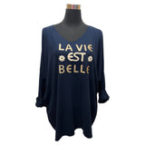 KNITTED TOP LA VIE SLOGAN BATWING SLEEVES COCOON SHAPE SUPER STRETCHY SOFT TOUCH KNITTED SWEATER