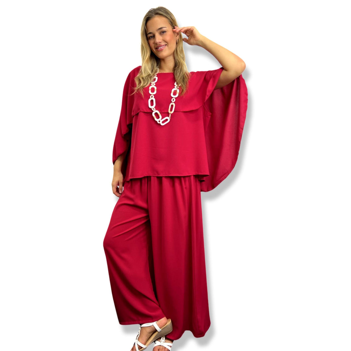 CAPE BUTTERFLY FLATTERING TOP WITH ELASTIC HIGH WAIST WIDE LEG PANTS CO-ORD SET LADIES SETS PLUS SIZE