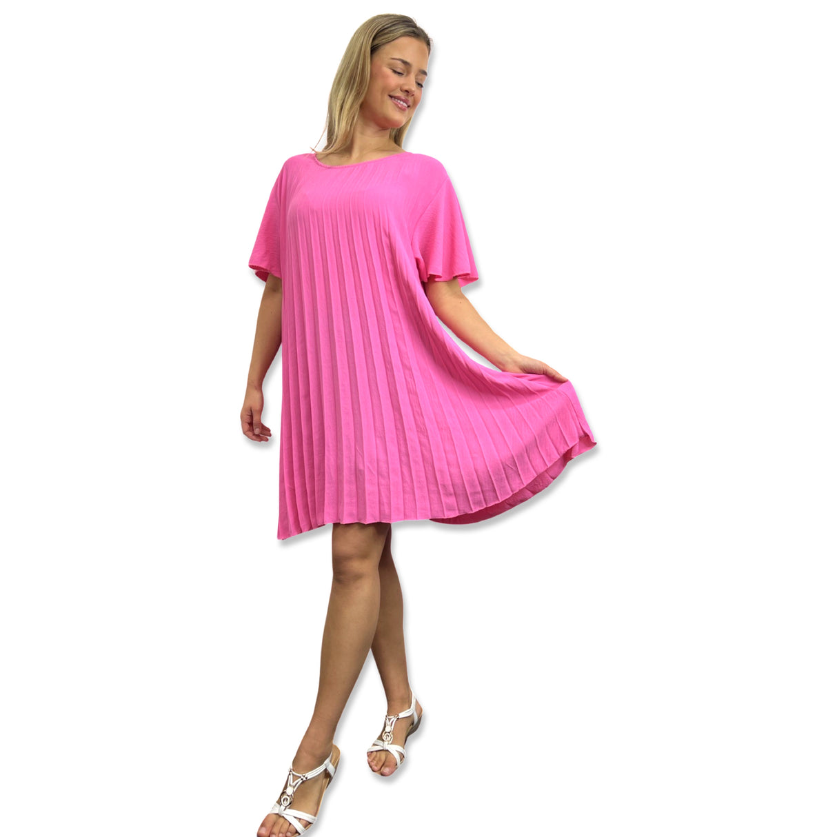 PLEATED MIDI DRESS SUPER FLOWING WITH FLUTTER SLEEVES PERFECT LENGTH FOR SUMMER