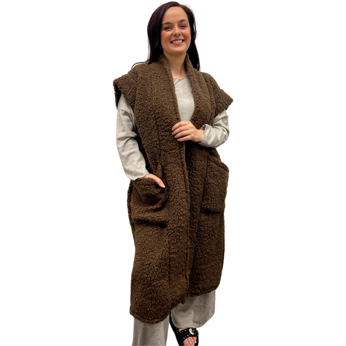 LONG WAISTCOAT TEDDY BEAR LADISE LONG WAISTCOAT SUPER SOFT 2 BIG POCKETS STYLISH COSY AND WARM