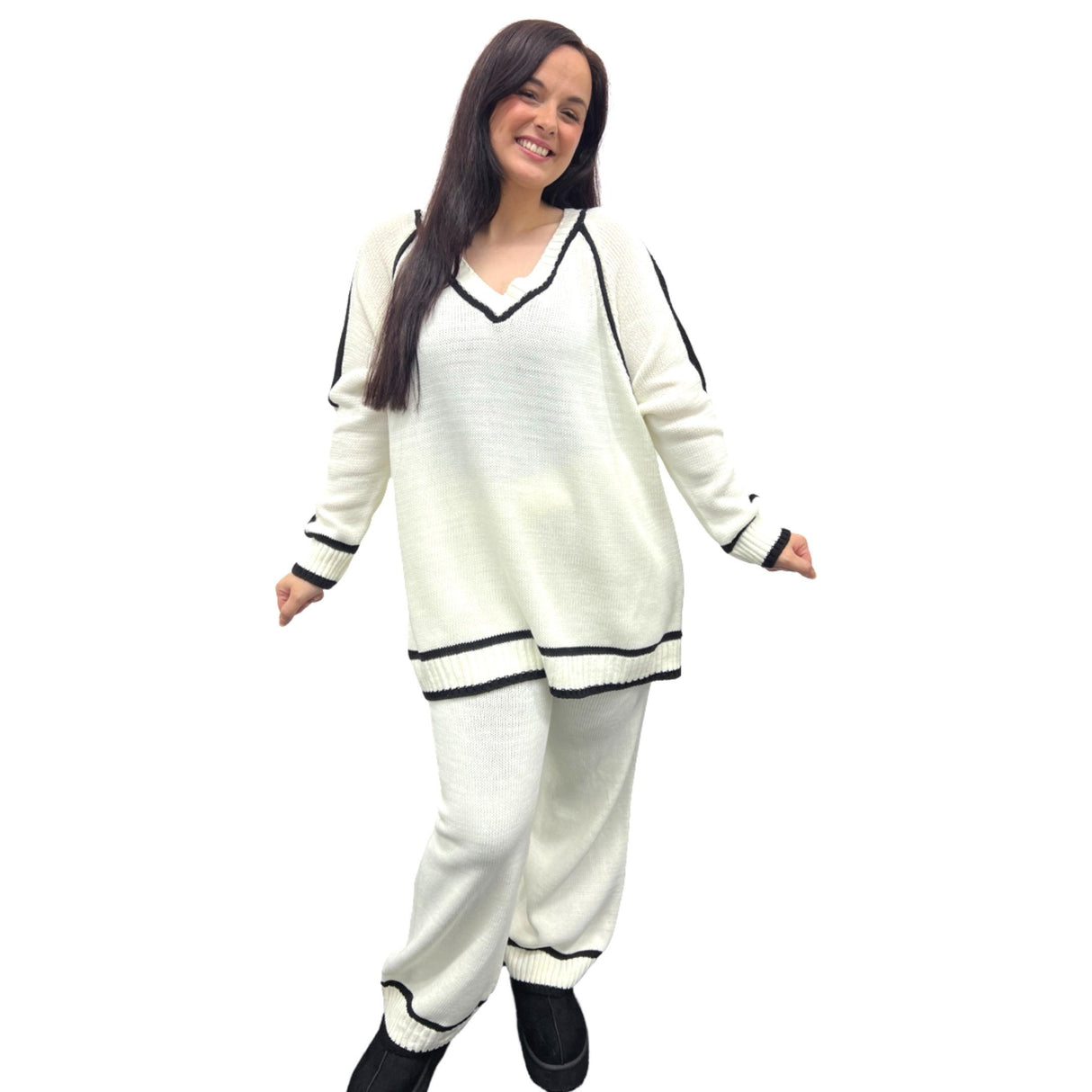 Cozy Knitted Set with Contrast Trim and Super Stretchy Straight Leg Pants - Onesize Fits All