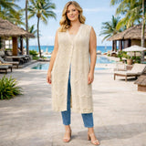 LONG SLEEVELESS CROCHET OPEN KNIT CARDIGAN One Size Fits All 10-22