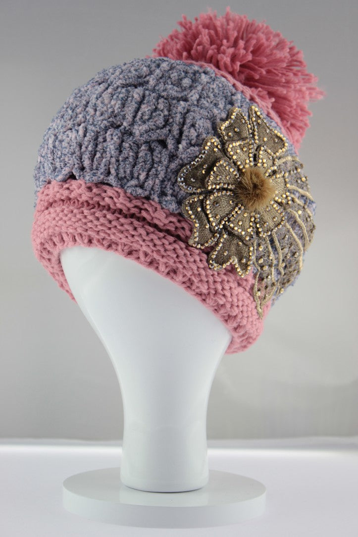 Diamante Patterned Pom Pom Hat - Pink