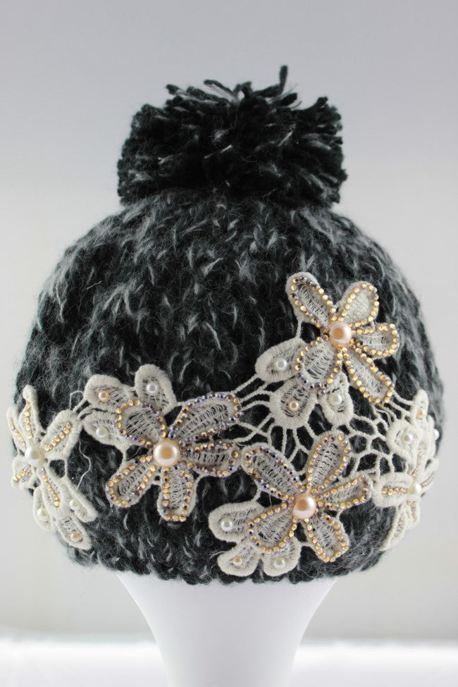 DIAMANTE-PEARL POM POM HAT - Black