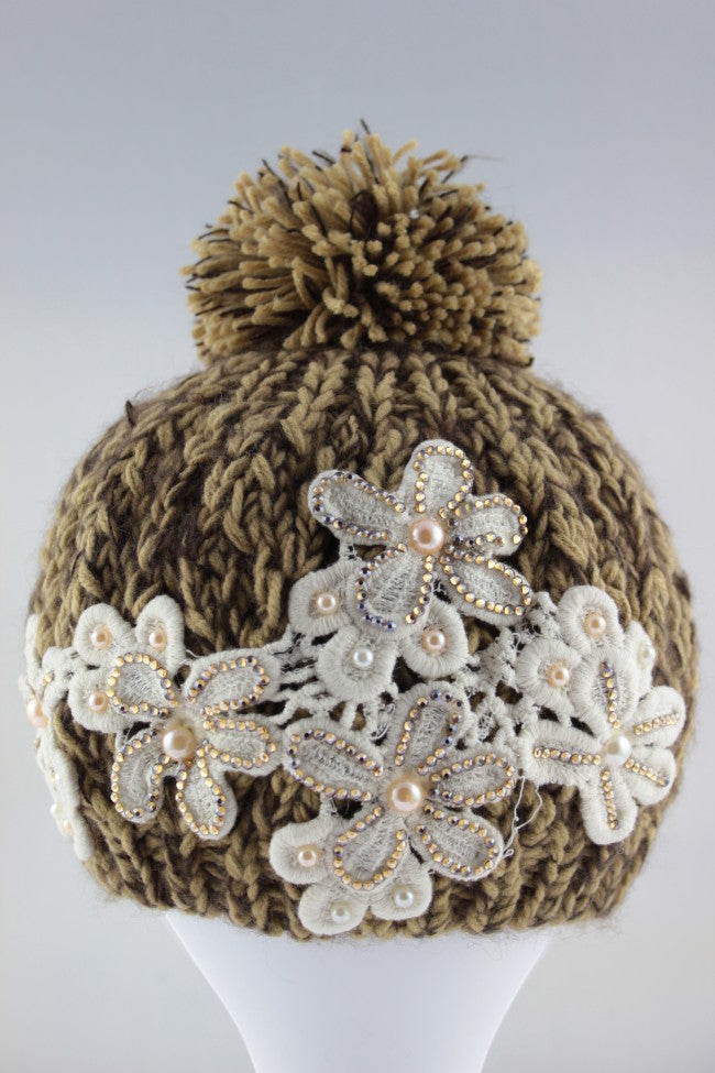 Diamante-Pearl Pom Pom Hat - Brown