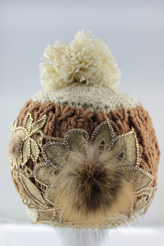 TAUPE Diamante Pom Pom Hat