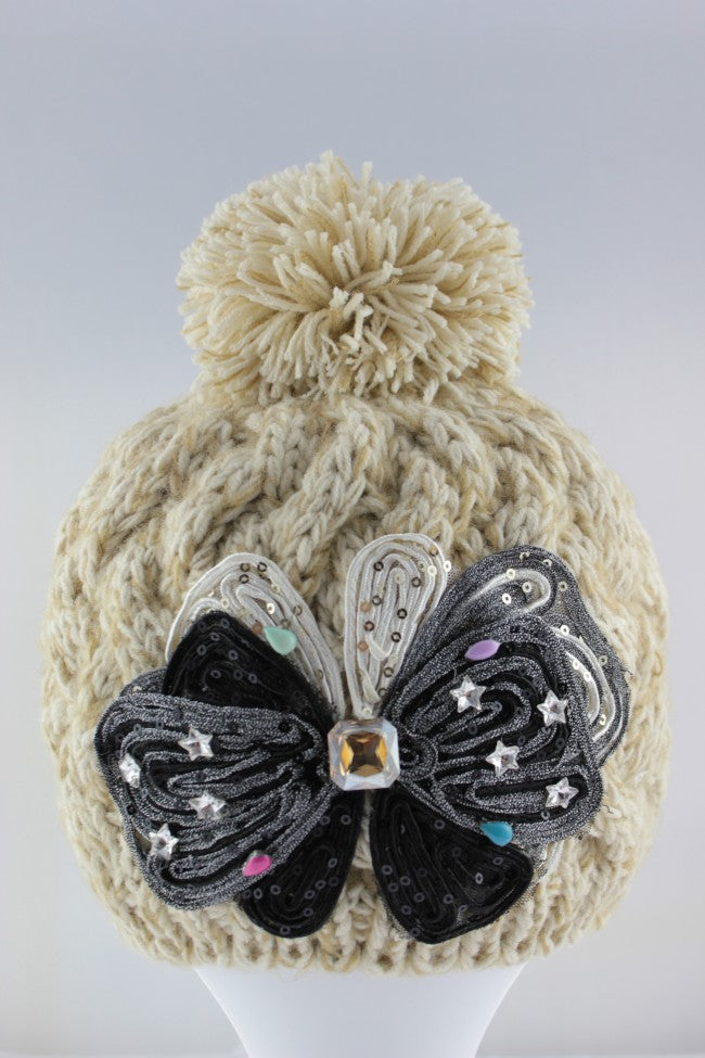 Large Bow Design Pom Pom Hat - Cream