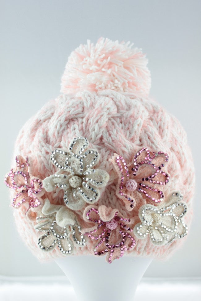 Lovely Multi-Flower Cable Knit Pom Pom Hat - Pink