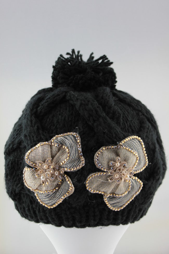 Beaded Twin Flower Pom Pom Hat - Black