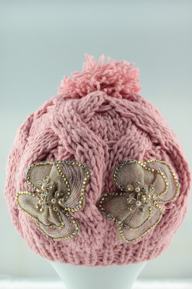 Beaded Twin Flower Pom Pom Hat - Pink