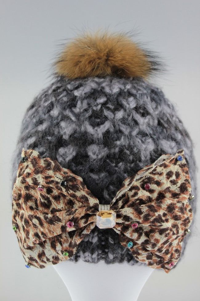 Leopard Bow Pom Pom Hat - Black