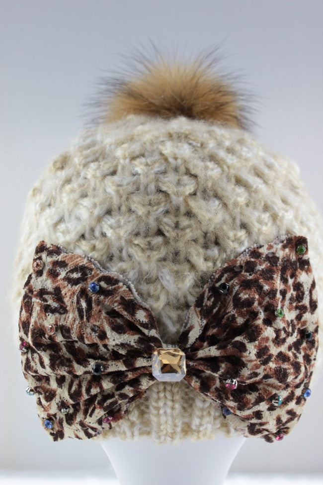 Leopard Bow Pom Pom Hat - Cream