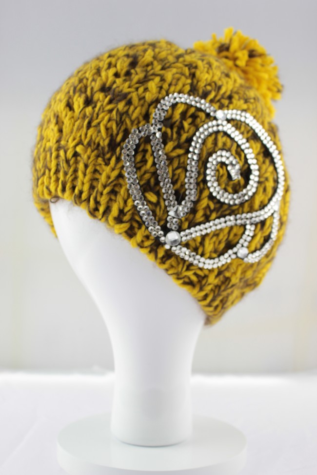 Rose Silhouette Diamante Pom Pom Hat - Yellow