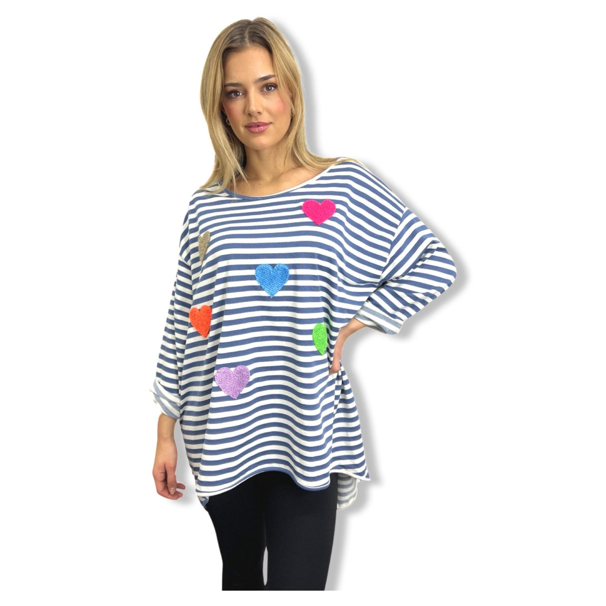 OVERSIZED STRIP 3/4 length multi hearts sweatshirts 100% cotton, plus size 10-24