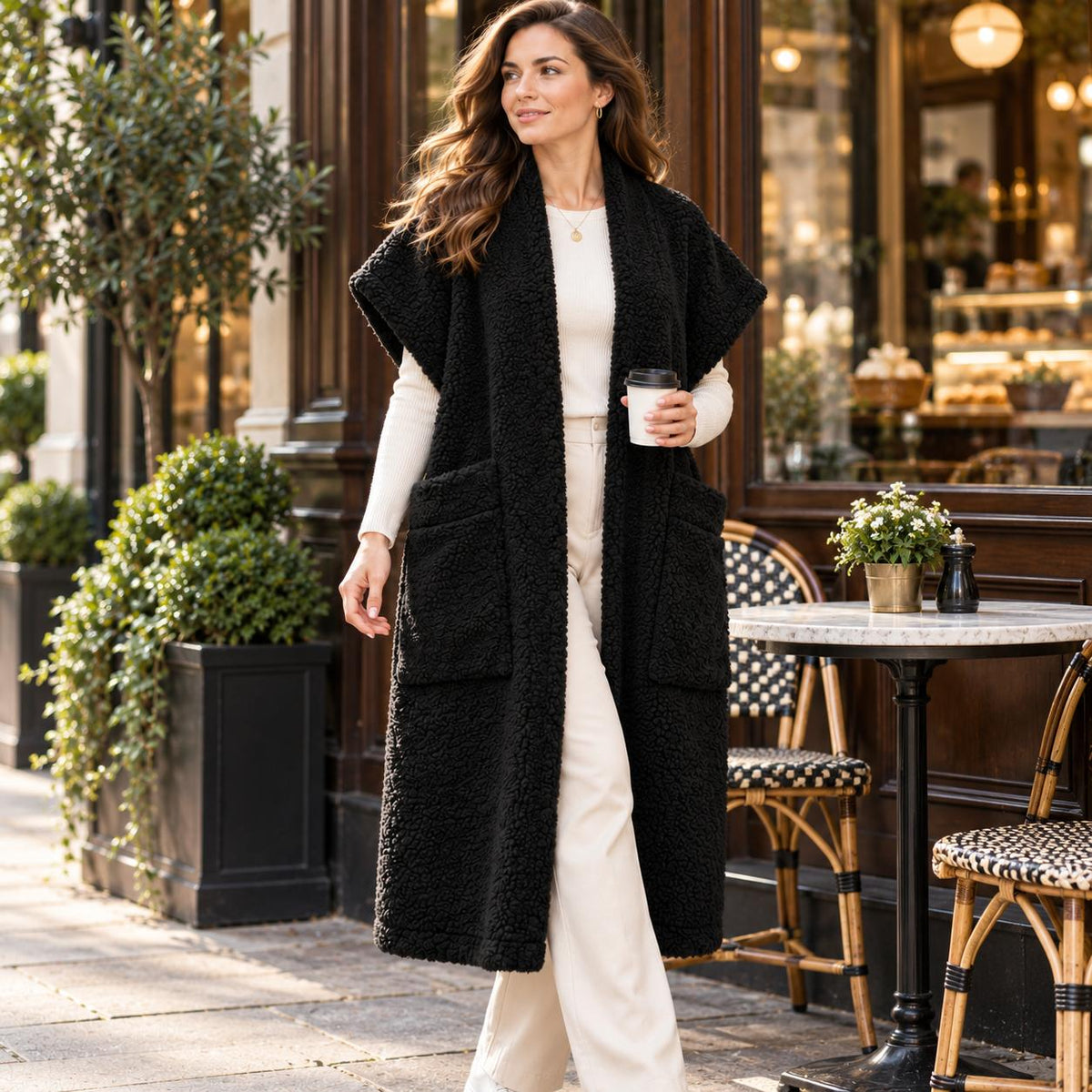LADIES LONG WAISTCOAT TEDDY FLEECE GILET