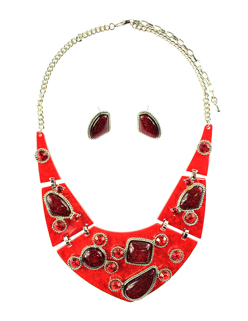 Stones Collar Necklace Set - Red (YK1409023RD)