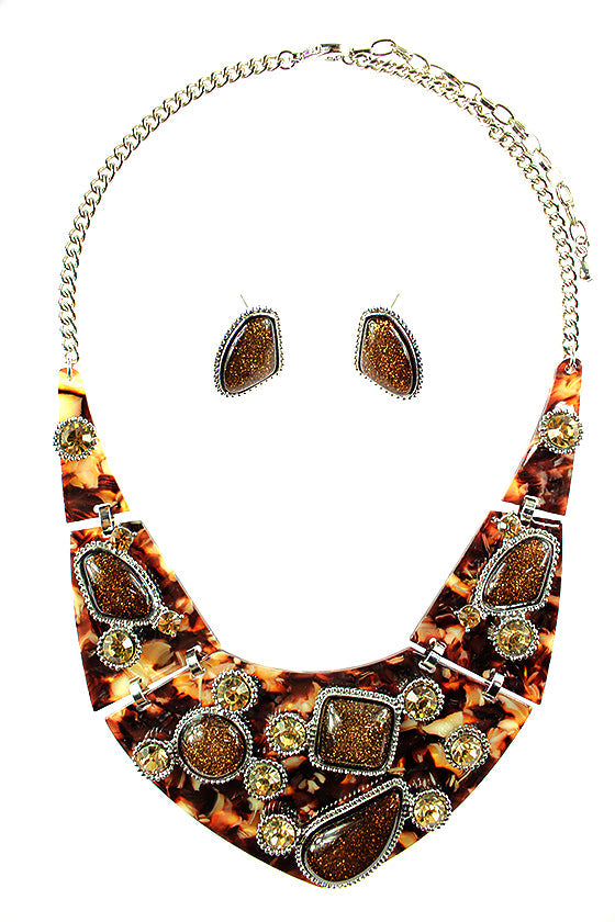 Stones Collar Necklace Set - Brown (YK1409023BR)