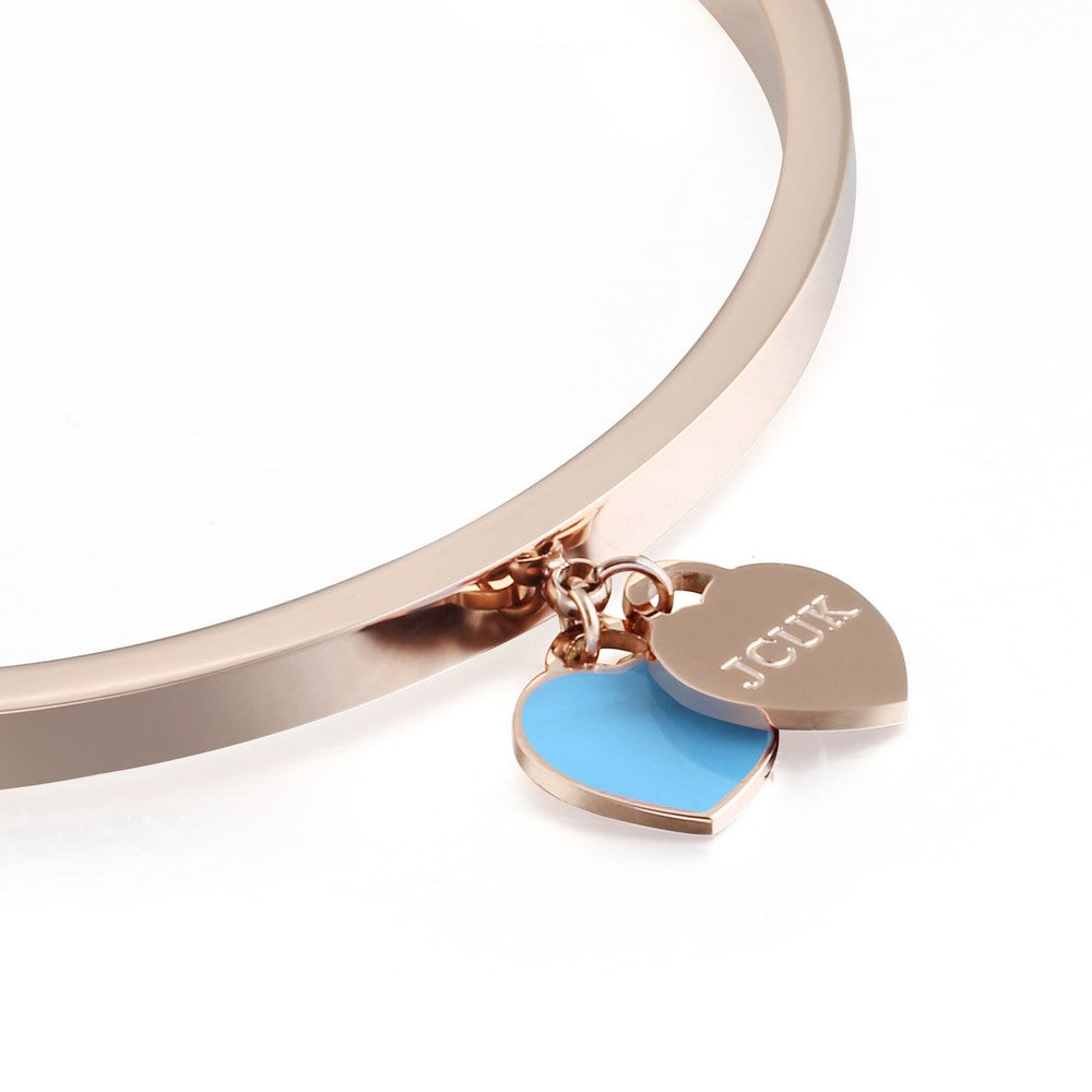 Double Heart Tag Charm Bangle - Rose Gold-Blue
