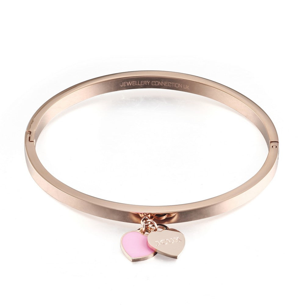 Double Heart Tag Charm Bangle - Rose Gold-Pink