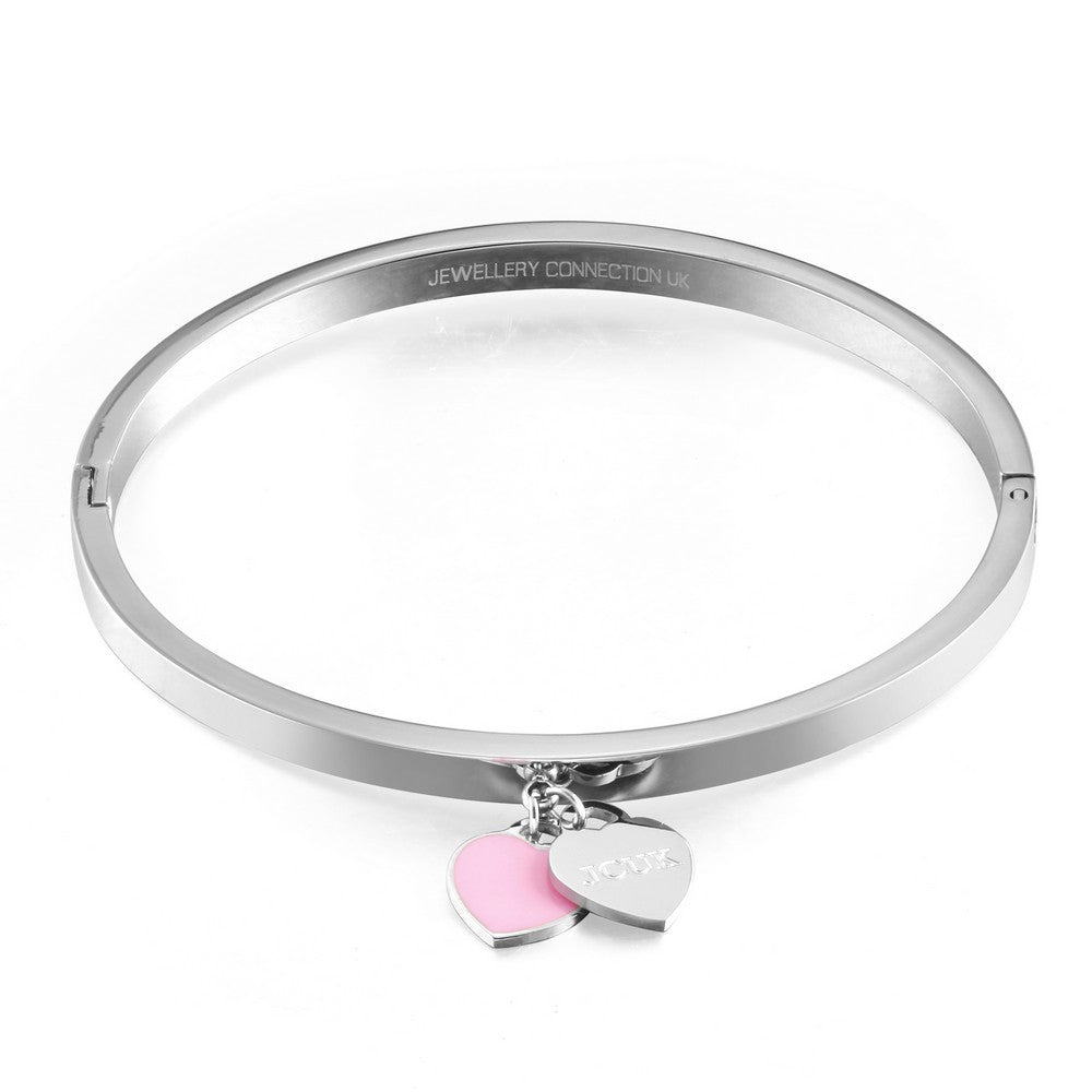 Double Heart Tag Charm Bangle - Silver-Pink