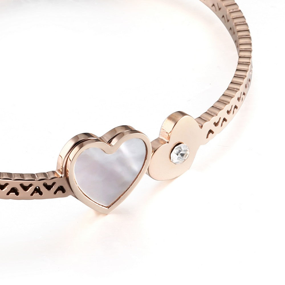 Double Textured Gem Hearts Bangle - Rose Gold