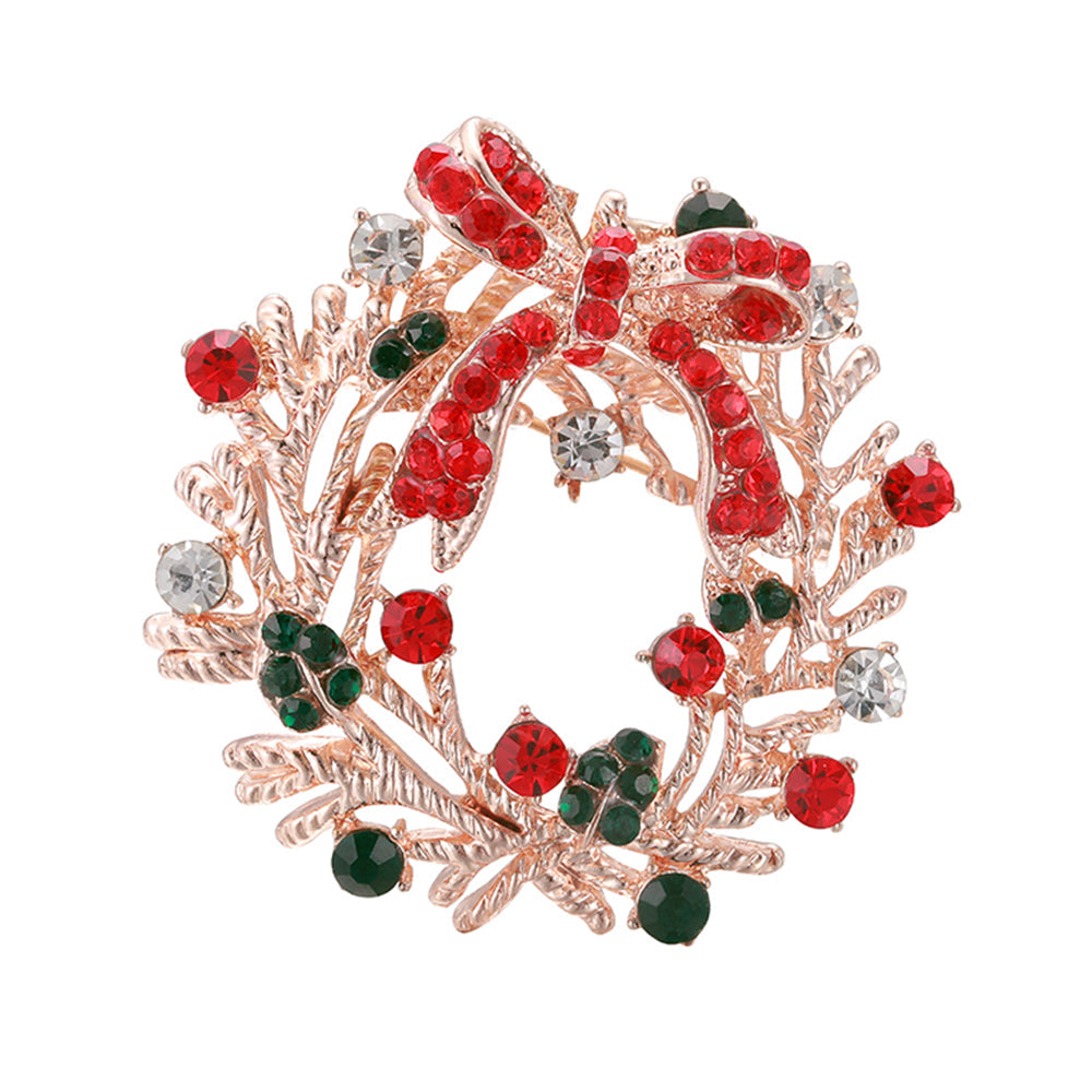 Festive Holiday Wreath Brooch - Rose Gold