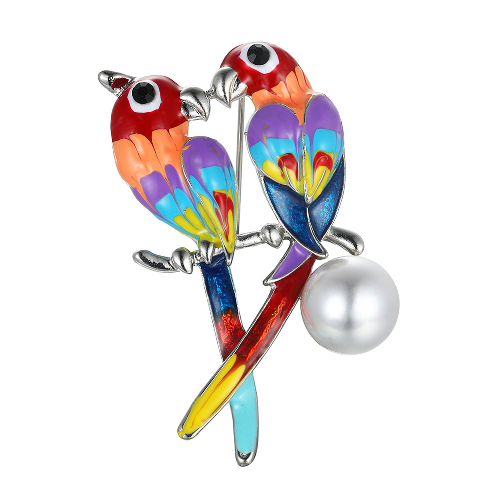 Twin Parrot Brooch - Silver