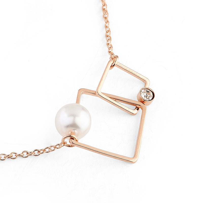 Interlocking Squares with Faux Pearl - Rose Gold