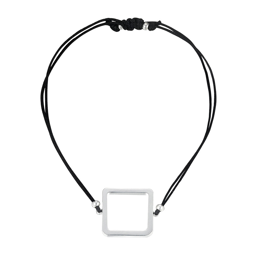 Square Black Cotton Cord Bracelet - Silver