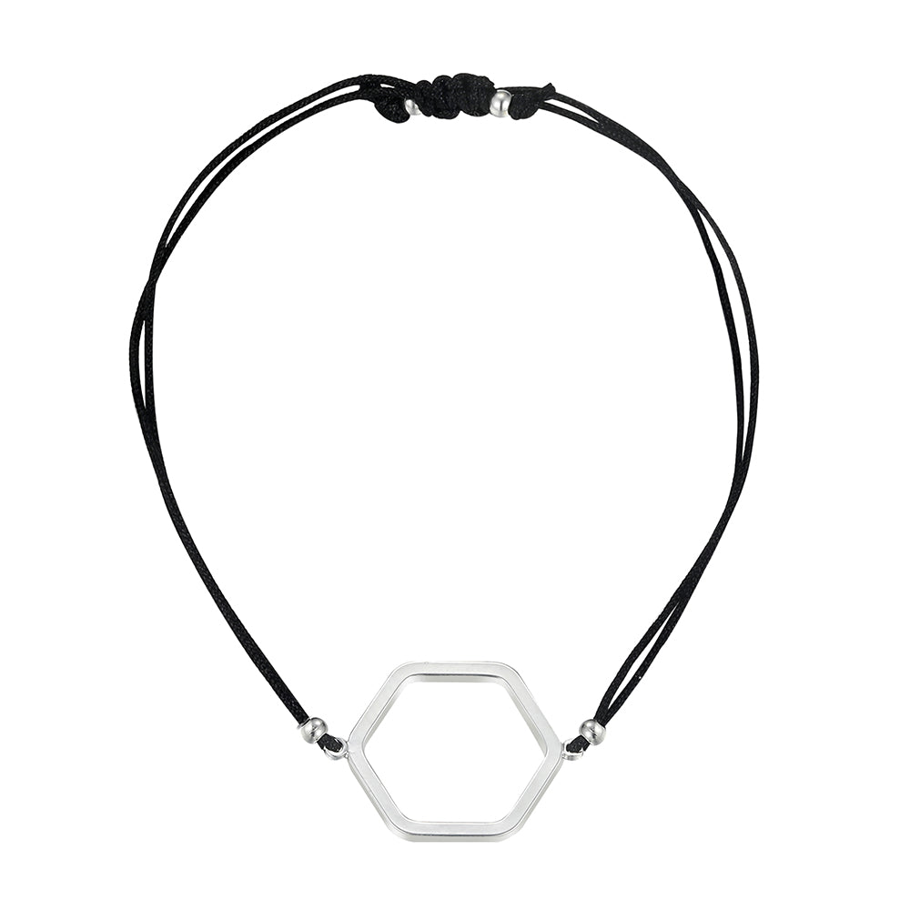 Hexagon Black Cotton Cord Bracelet - Silver