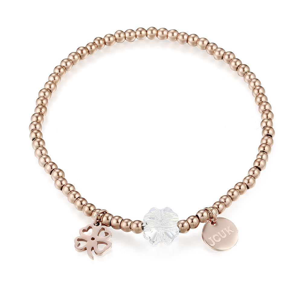 Four Hearts Clover Charm Beaded Stretch Bracelet - Rose Gold