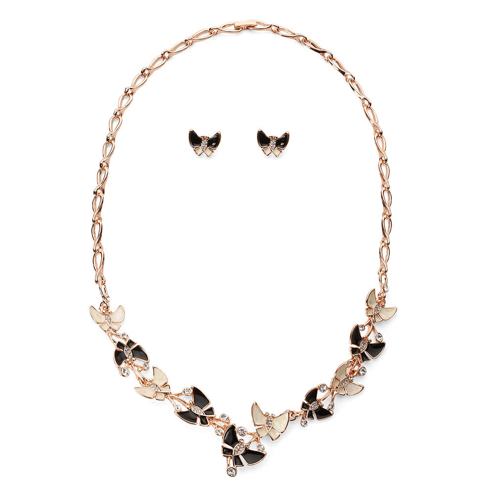 Black and White Flying Butterfly Necklace Set - Rose Gold (YC2605012RG)