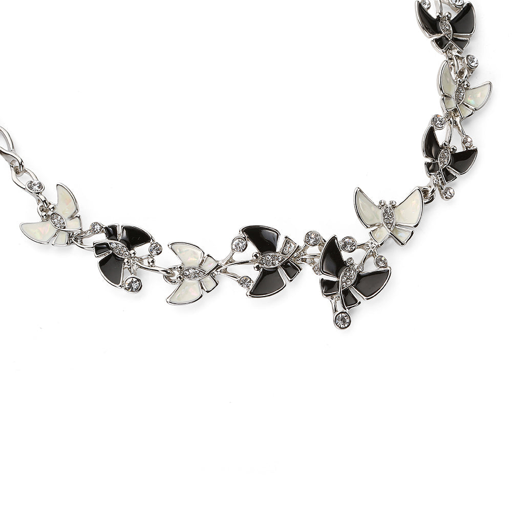 Black and White Flying Butterfly Necklace Set - Silver (YC2605012SL)