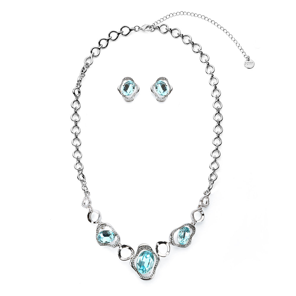 Triple Large Gem Stone Necklace Set - Silver-Blue (YC2605026SL)