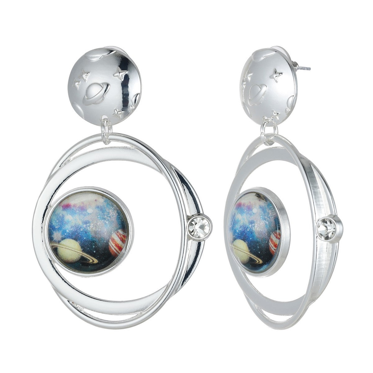 Silver Double Ring Planet Earrings YD10805SLR