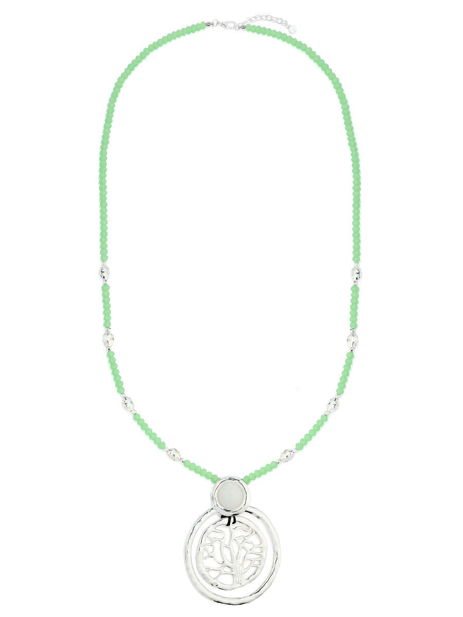 Silver and Green Beaded Long Necklace with Pendant YD19046SLR