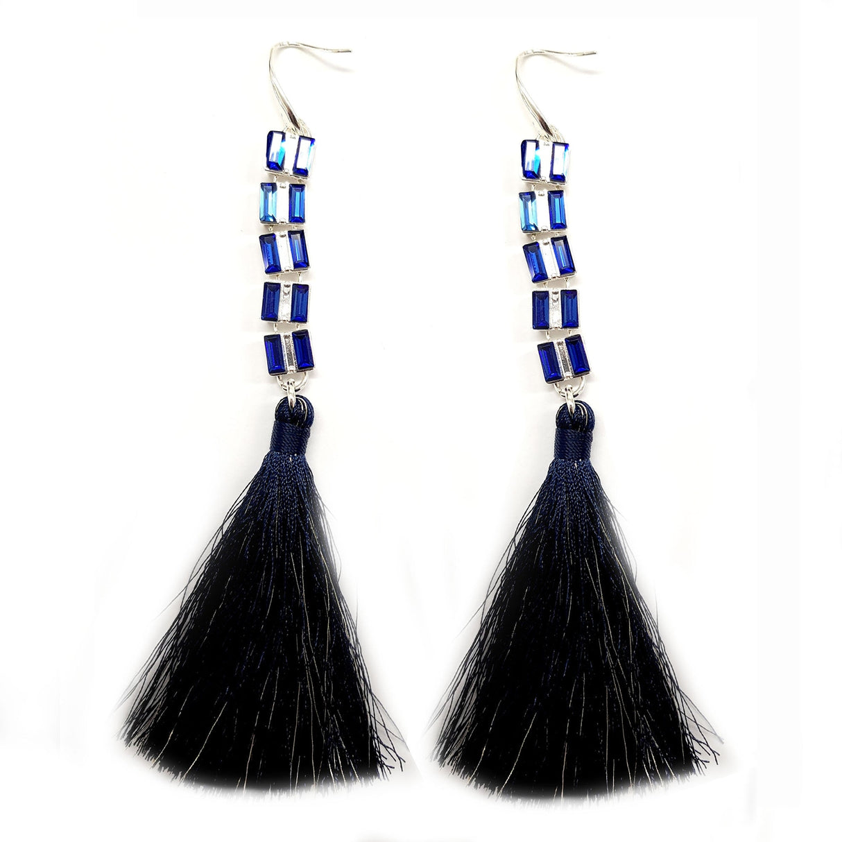 Rectangle Gem Tassel Dangle Earrings - Silver-Navy Blue (YD38E08SLR)