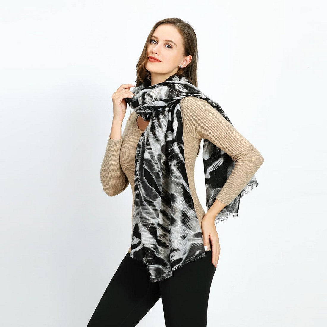 Back Waves Mixed Cotton Scarf YF22516BLK