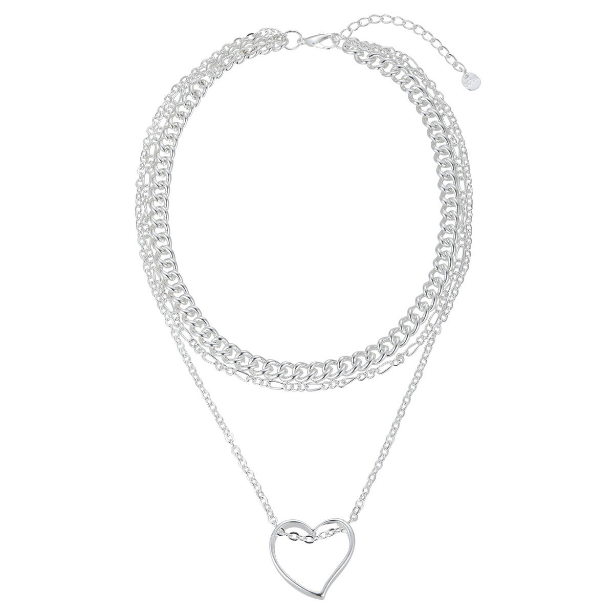 Silver Layered Chain Link Necklace with Heart Accent YT22005SLR