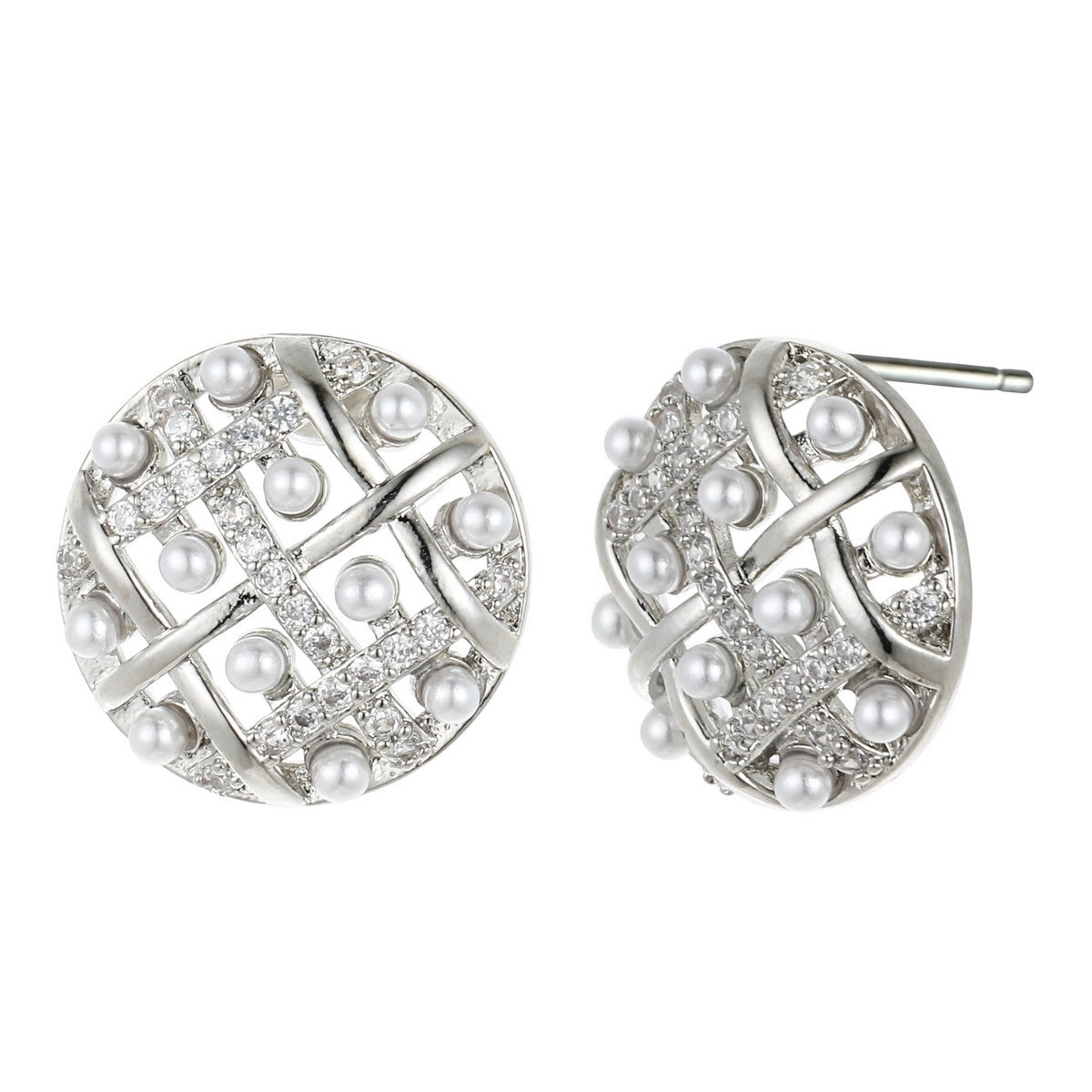 Silvery Hollowed Button Earrings with Pearls & Diamante YX12010SLR